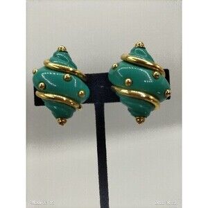 Vtg Signed Kenneth J. Lane Turquoise Gold Color Seashell Beach Clip Earrings